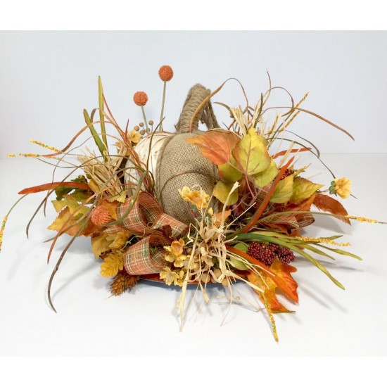 BURLAP WOOD PUMPKIN LRG CENTERPIECE FALL HARVEST THANKSGIVING FLORAL ARRANGEMENT