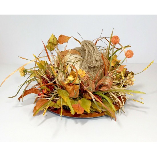 BURLAP WOOD PUMPKIN LRG CENTERPIECE FALL HARVEST THANKSGIVING FLORAL ARRANGEMENT