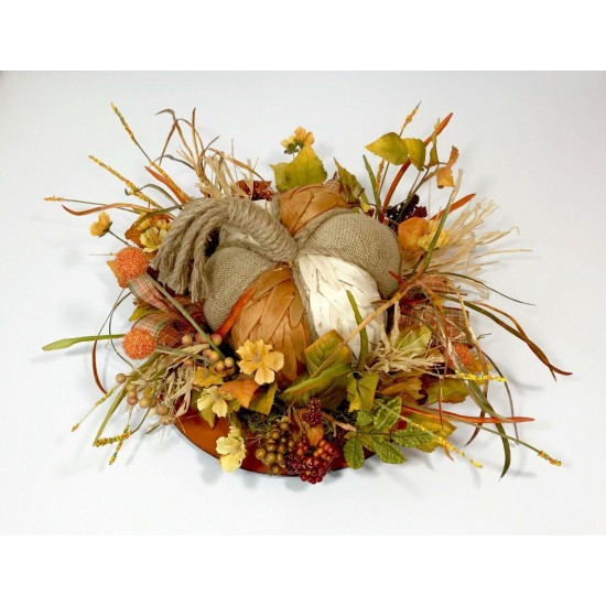 BURLAP WOOD PUMPKIN LRG CENTERPIECE FALL HARVEST THANKSGIVING FLORAL ARRANGEMENT