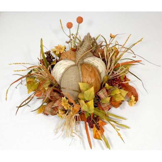 BURLAP WOOD PUMPKIN LRG CENTERPIECE FALL HARVEST THANKSGIVING FLORAL ARRANGEMENT