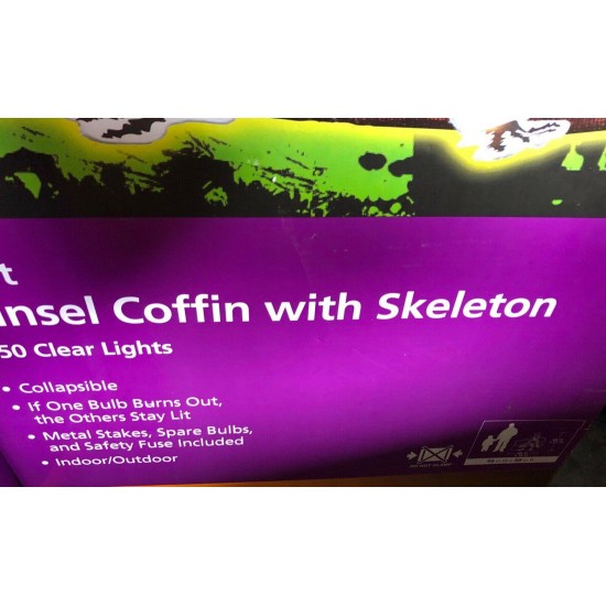 Home Accents Halloween Tinsel Coffin with Skeleton 4ft