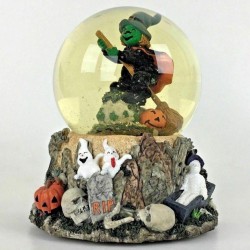 Vintage Halloween Musical Snow Globe Witch Pumpkin Ghosts Skull Decor Gift Video