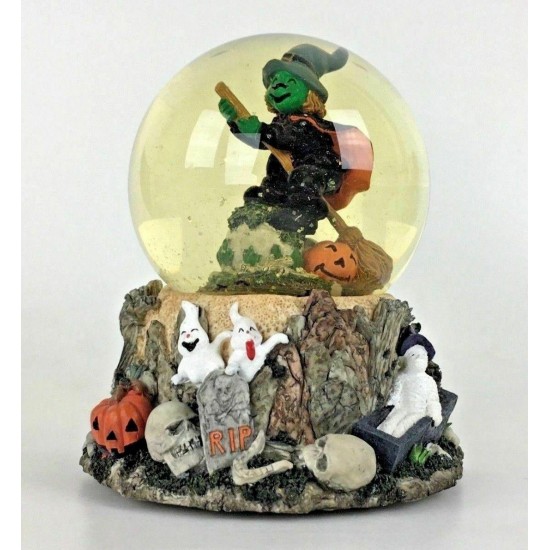 Vintage Halloween Musical Snow Globe Witch Pumpkin Ghosts Skull Decor Gift Video