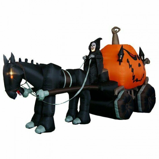 Giant Inflatable Skeleton Ghost Pumpkin Carriage Decoration Lighted Outdoor Yard