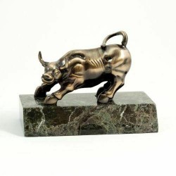 Antique Brass Finished Bull Sculpture On Green Marble Base