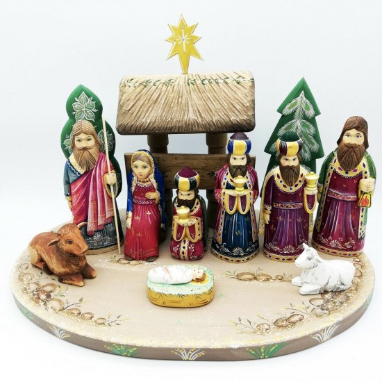 Carved wood wooden Nativity Manger Jesus Mary joseph christmas hand painted #1