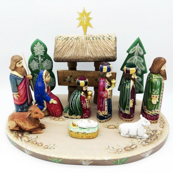 Carved wood wooden Nativity Manger Jesus Mary joseph christmas hand painted #1