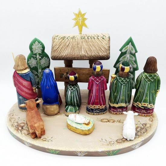 Carved wood wooden Nativity Manger Jesus Mary joseph christmas hand painted #1