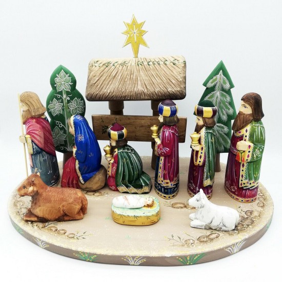 Carved wood wooden Nativity Manger Jesus Mary joseph christmas hand painted #1