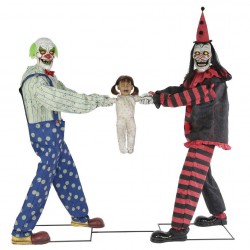 Creepy ANIMATED TUG OF WAR CLOWNS with KID Red Black Halloween Prop Decoration