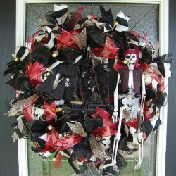 Light Up Pirate Ship & Skeleton Deco Mesh Front Door Wreath Gasparilla Halloween