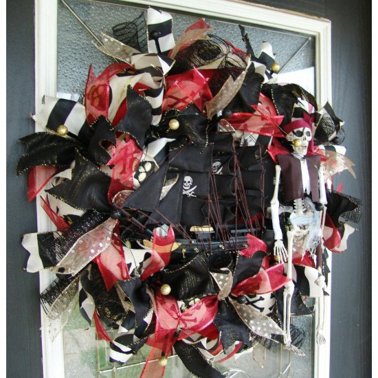 Light Up Pirate Ship & Skeleton Deco Mesh Front Door Wreath Gasparilla Halloween