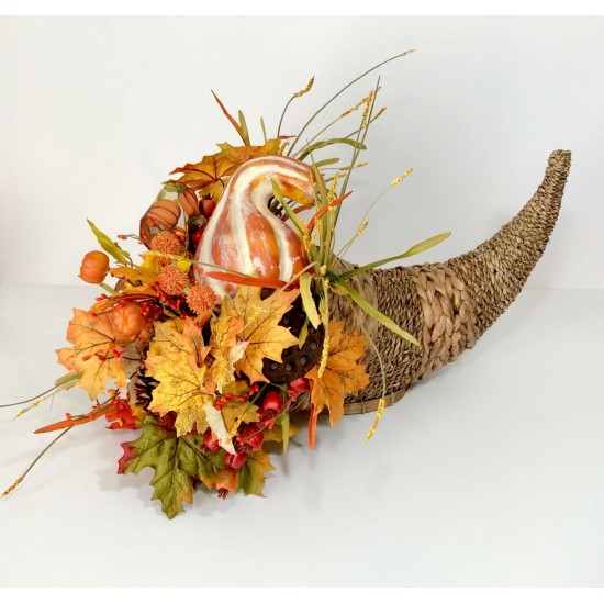 WICKER CORNUCOPIA FALL BASKET LARGE CENTERPIECE ARRANGEMENT THANKSGIVING TABLE