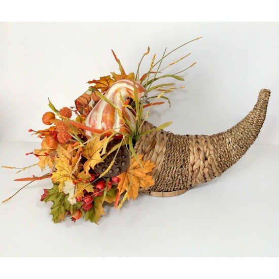 WICKER CORNUCOPIA FALL BASKET LARGE CENTERPIECE ARRANGEMENT THANKSGIVING TABLE