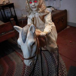 3' Tall Rocking Horse with Creepy Talking Doll Animatronic Halloween Decoration