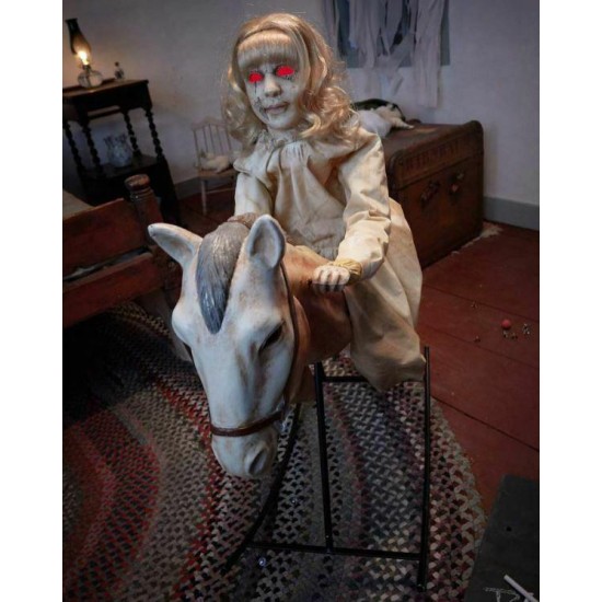 3' Tall Rocking Horse with Creepy Talking Doll Animatronic Halloween Decoration