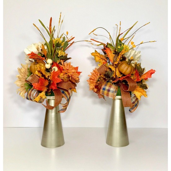 THANKSGIVING TABLE FLORAL CANDLESTICKS PAIR FALL AUTUMN HARVEST ARRANGEMENT NEW