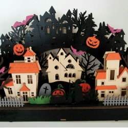 MARTHA STEWART LARGE LED LIGHTED DIE CUT WOODEN HALLOWEEN HAUNTED VILLAGE NEW