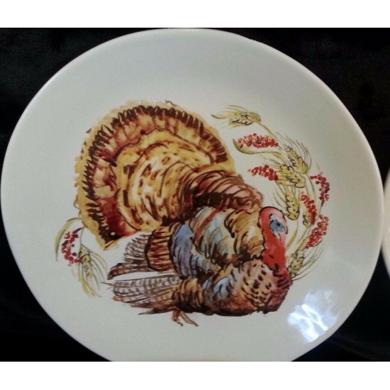 Pottery Barn~Set/8 Watercolor TURKEY Appetizer Salad PLATES Thanksgiving NEW