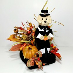 THANKSGIVING PILGRIM DOG CENTERPIECE FALL COLORS AUTUMN FLORAL ARRANGEMENT NEW