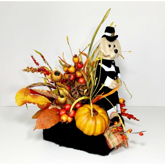 THANKSGIVING PILGRIM DOG CENTERPIECE FALL COLORS AUTUMN FLORAL ARRANGEMENT NEW