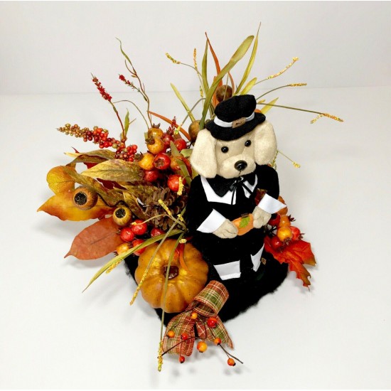 THANKSGIVING PILGRIM DOG CENTERPIECE FALL COLORS AUTUMN FLORAL ARRANGEMENT NEW