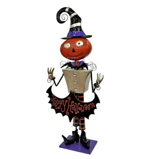 5ft Tall Metal Pumpkin Man with 'Happy Halloween' Banner Figurine Decoration