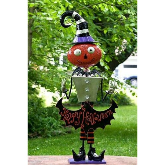 5ft Tall Metal Pumpkin Man with 'Happy Halloween' Banner Figurine Decoration