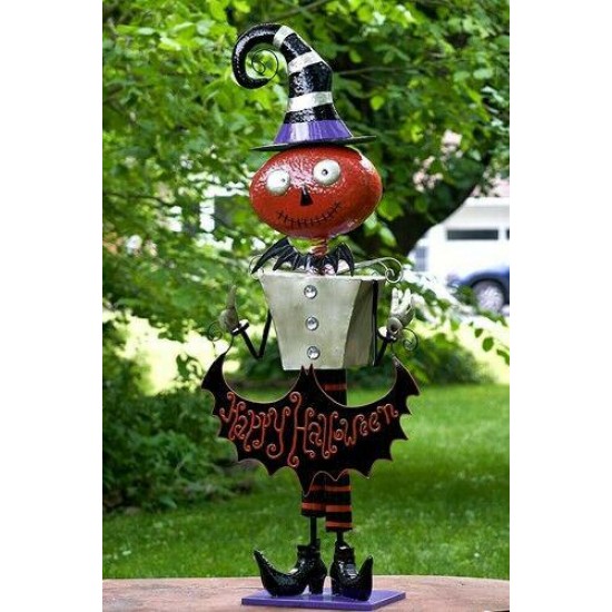 5ft Tall Metal Pumpkin Man with 'Happy Halloween' Banner Figurine Decoration