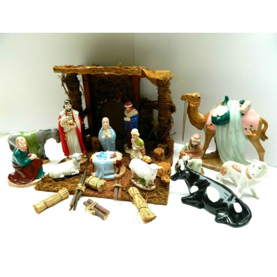 Vintage 1960's HOLLAND MOLD 26 Pc Glazed Christmas Nativity Set w/Wooden Stable