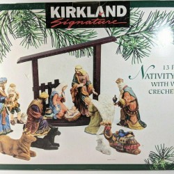 Kirkland Signature 13 pc piece Porcelain Nativity Set Wood Creche Complete w Box