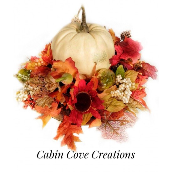 Fall White Pumpkin Floral Arrangement, Fall Dining Centerpiece, Burlap