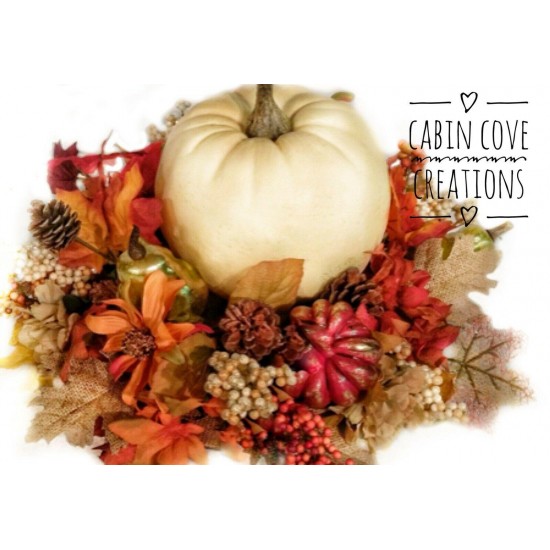 Fall White Pumpkin Floral Arrangement, Fall Dining Centerpiece, Burlap