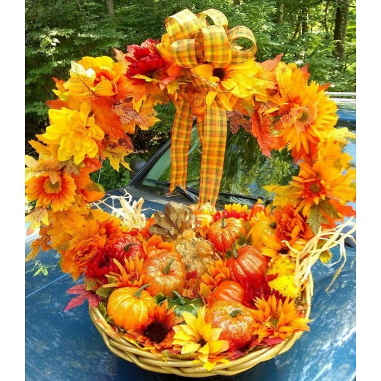 Fall Autumn Thanksgiving Turkey Pumpkins Vegetables Basket Centerpiece Decor NEW