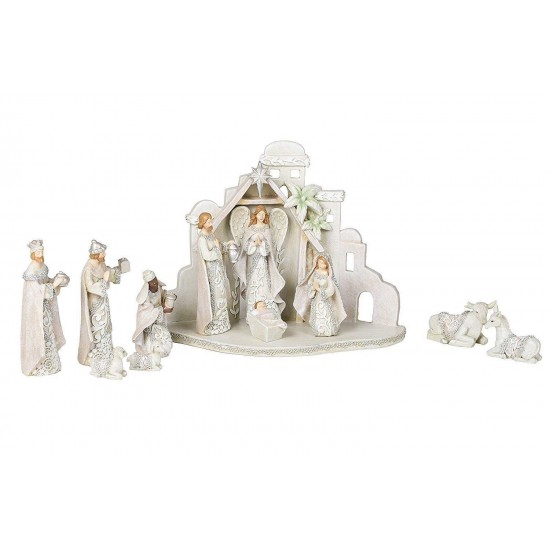 Filigree Ivory Lace Resin Dolomite Nativity and Creche Stable 12 Piece Set