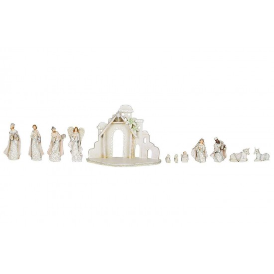 Filigree Ivory Lace Resin Dolomite Nativity and Creche Stable 12 Piece Set