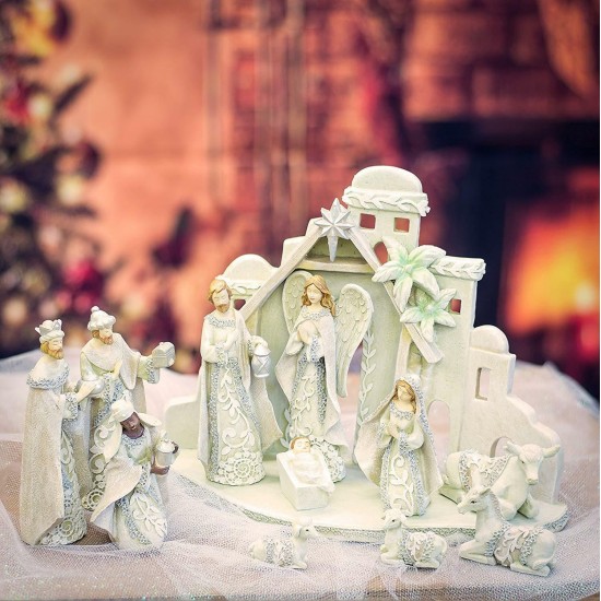 Filigree Ivory Lace Resin Dolomite Nativity and Creche Stable 12 Piece Set