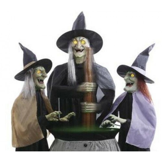 Animated Creepy Witches w/ LED Stirring Cauldron Moving Mouth Halloween Decor