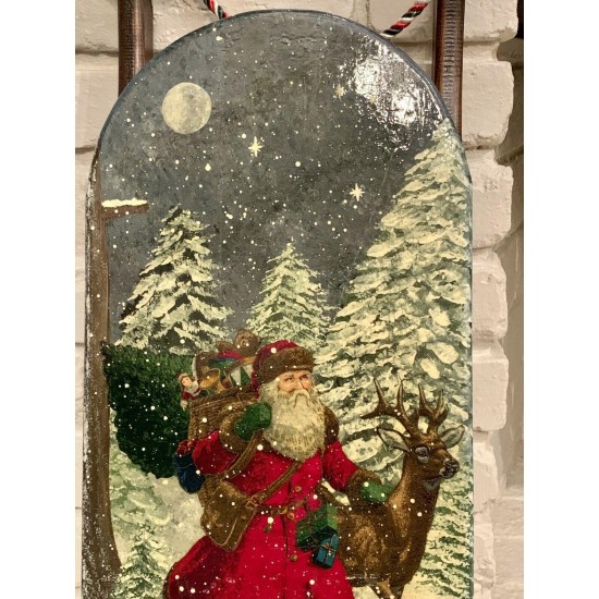 Wooden Sleigh With Santa Christmas Artist Signed Wall Hanging Decor Handmade
