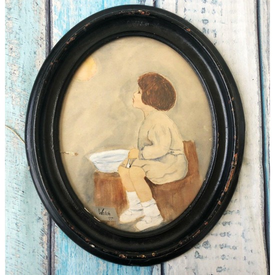 Vintage Antique? Child Watercolor framed picture Welch decor Oval