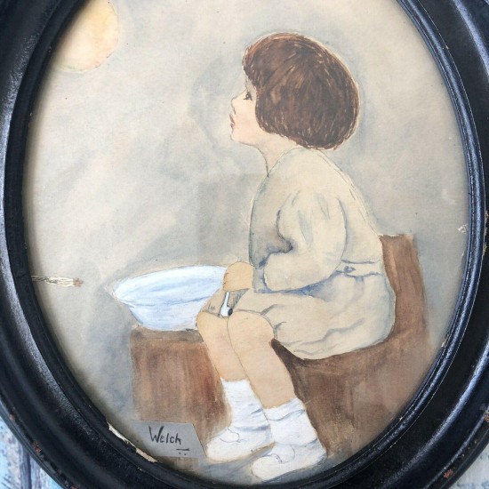 Vintage Antique? Child Watercolor framed picture Welch decor Oval