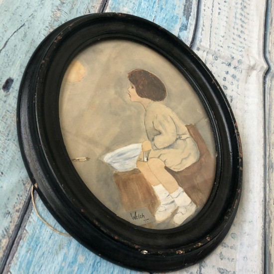 Vintage Antique? Child Watercolor framed picture Welch decor Oval