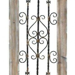 Rustic Wood Wall Panel Wrought Bars Scroll Design Floral Plaques Decor 56155