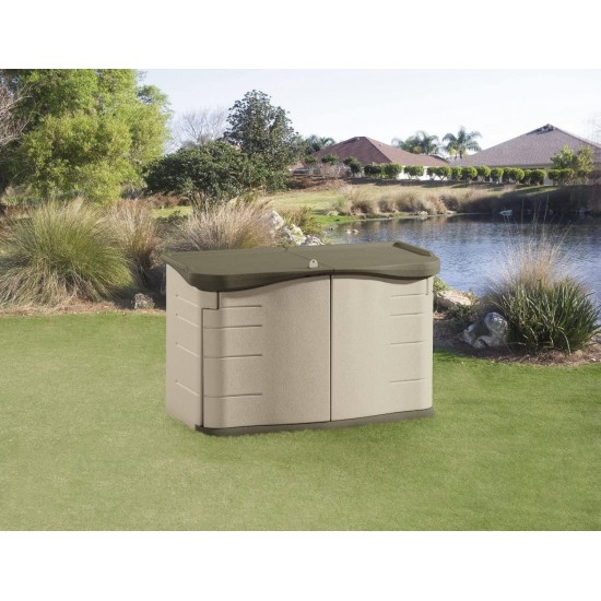 Rubbermaid Split-Lid Resin Weather Resisrant Outdoor Garden Storage Shed, Olive and Sandstone