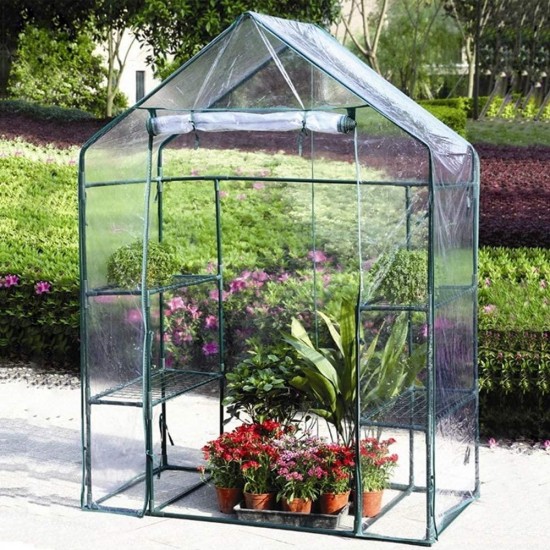 Large Walk-in Greenhouse with Zip PVC Cover, Compact Garden Hot House with 4 Shelves, for Indoor Outdoor, 14373195cm