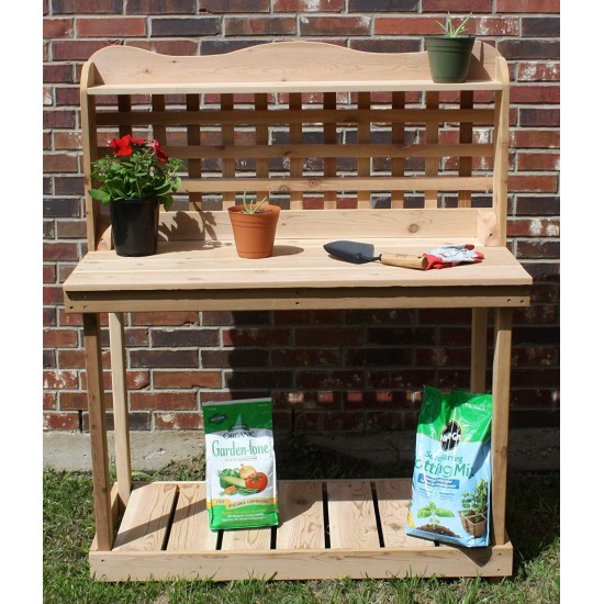 THREE MAN Cedar Decorative Lattice Gardening Potting Bench - 4 Foot Natural