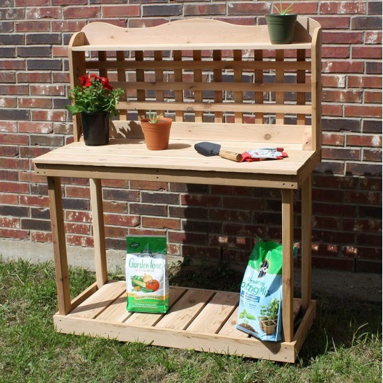 THREE MAN Cedar Decorative Lattice Gardening Potting Bench - 4 Foot Natural