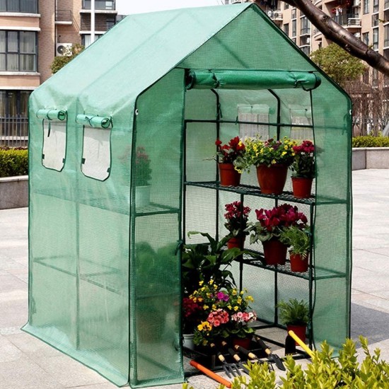 Garden Greenhouse, 8 Shelves Portable Walk-in Green Garden Hot House with with PE Cover and Zipper Openings, Tomato Herb Canopy in Any Season, 143 x 143 x 195 cm