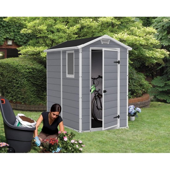 KETER Manor 4x6 Resin Outdoor Storage Shed Kit-Perfect to Store Patio Furniture, Garden Tools Bike Accessories, Grey & White & Stalwart Rolling Garden Fits 40 Tools Storage Rack Tower