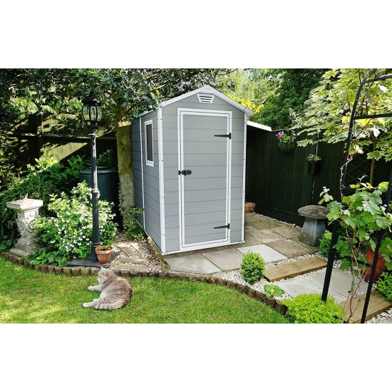 KETER Manor 4x6 Resin Outdoor Storage Shed Kit-Perfect to Store Patio Furniture, Garden Tools Bike Accessories, Grey & White & Stalwart Rolling Garden Fits 40 Tools Storage Rack Tower